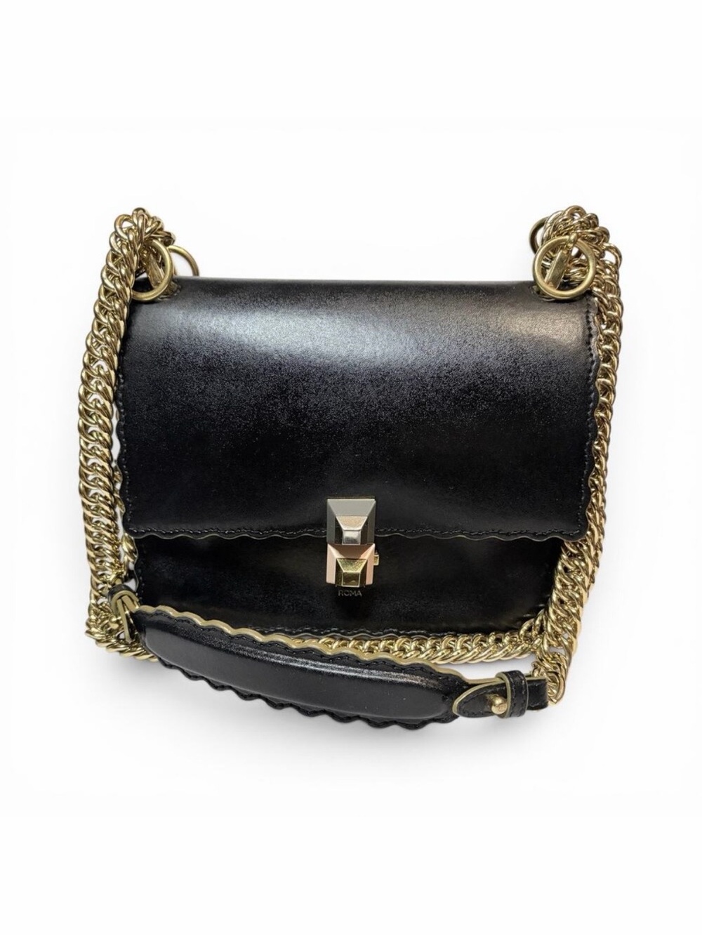 Fendi Kan I Medium Scalloped Black Leather Multicolor Pyramid Stud Chain Bag COA